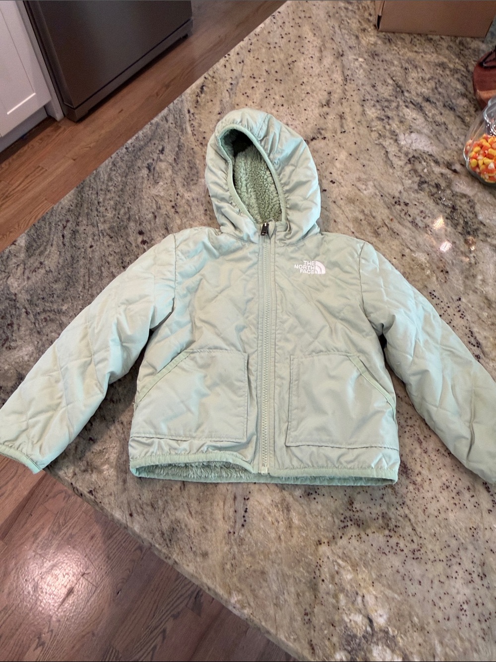 The North Face Girls' Mint Green Sherpa-Lined Puffer Jacket with Hood